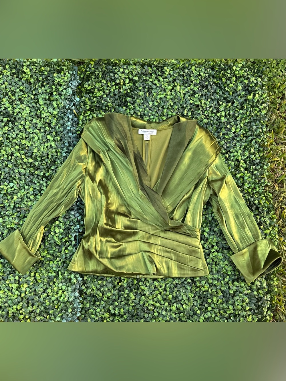 Coldwater Creek Olive-Green Satin Wrap Blouse